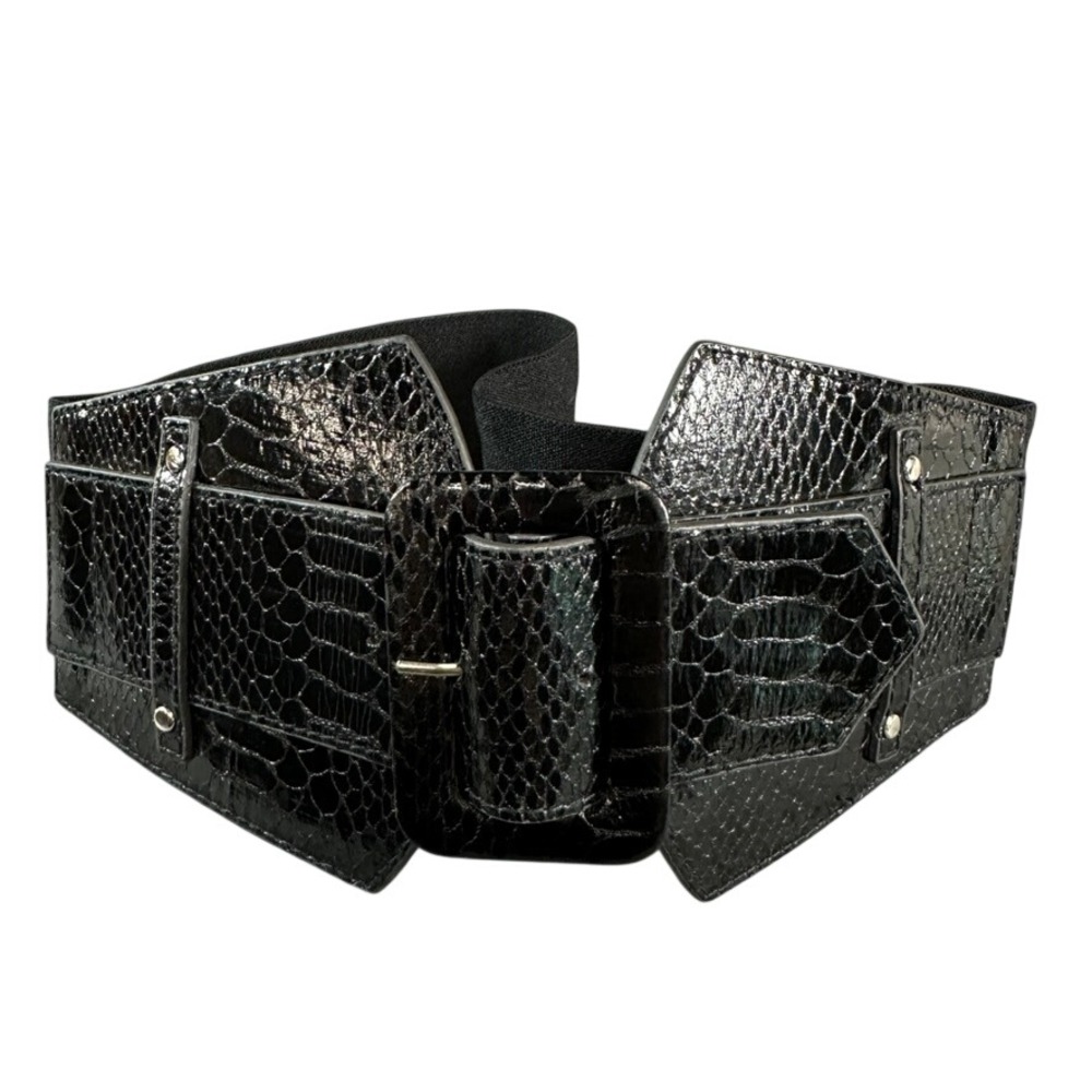 Bebe Black Faux Snakeskin Wide Elastic Waist Belt Size P/S Style 4658